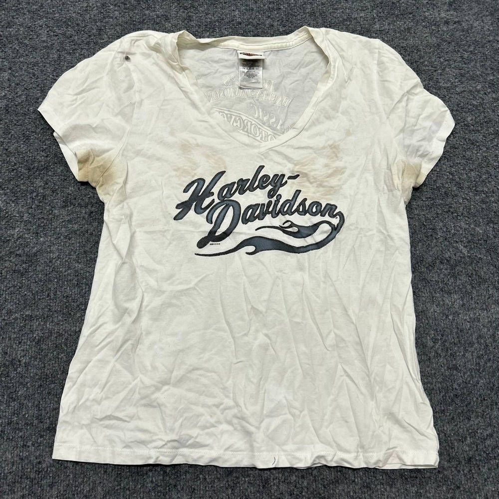 Harley-Davidson T-Shirt Womens Size XL White Cotton V-Neck Graphic Made In USA